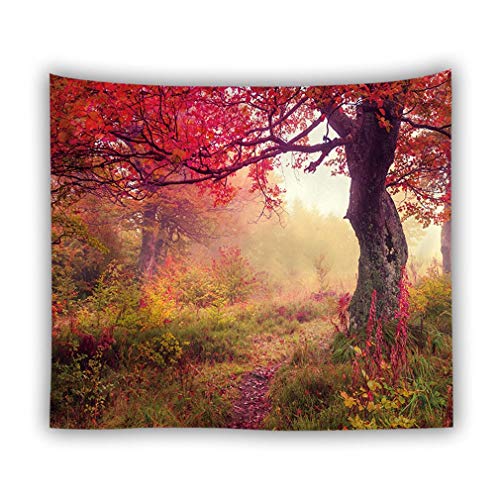 Nunubee Tapisserie Wandteppich Wald Wandteppich und Tagesdecke, Misty Morgen im Wald, Orange Rot Landschaft Psychedelic Hippie Indisch Tapisserie(Art 1-200 * 150cm von Nunubee