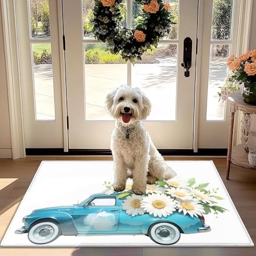Nunubee Vintage Blau LKW Daisy Fußmatte - rutschfest Saugfähig Teppich für Haustür, Flur, Küche - Frisch-Floral Design von Nunubee