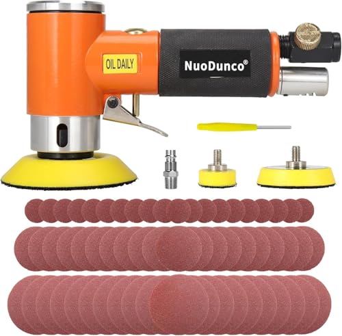 NuoDunco 2 '' 3 '' Mini-Exzenter-Luftschleifer, kleines pneumatisches Exzenterschleifer-Kit 50mm 75mm mit Klett-Schleifpads 60 Stück Schleifpapiere von NuoDunco