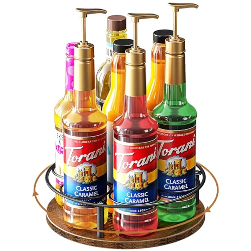 Nuovoware 7 Flaschen Rotierenden Kaffee Sirup Rack, Veranstalter Carbon Stahlrahmen mit Hölzernen Basis Flaschenhalter für Kaffee Aromatisiert Sirup Tischplatte Thermos Liquor, Schwarz+Braun von Nuovoware