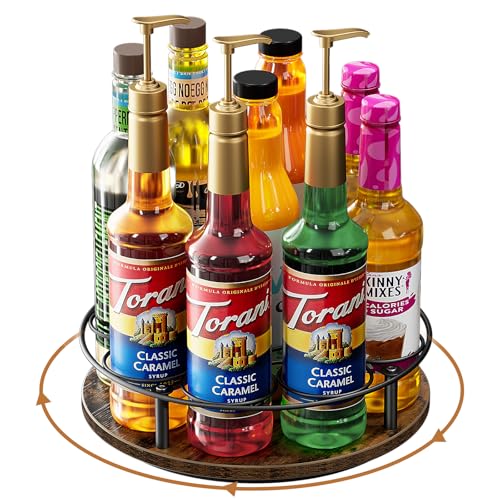 Nuovoware 9 Flaschen Rotierenden Kaffee Sirup Rack, Veranstalter Carbon Stahlrahmen mit Hölzernen Basis Flaschenhalter für Kaffee Aromatisiert Sirup Tischplatte Thermos Liquor, Braun+Schwarz von Nuovoware