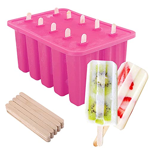 Nuovoware Eisformen, 10 Lebensmittelqualität Silikon Popsicle Form Set mit 100 EIS-Sticks, Große Kapazität DIY EIS Pop Macher, Rosa von Nuovoware