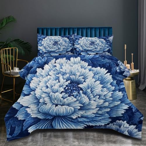 Nuphtun Bettdecke 155x200 cm Blaue Blumen, Weiche Mikrofaser Steppdecke 155x200 cm, 3D-Digitaldruck Leichte Bettdecken mit 2 Kissenbezügen 80x80 cm von Nuphtun