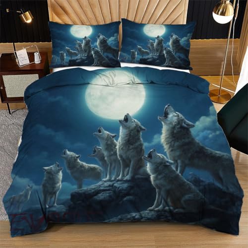 Nuphtun Bettwäsche 135 x 200 cm Blaue Wolfsrudel, Wendemotiv Bettbezug 135 x 200 mit Reißverschluss, 3D Effekt Bettwäsche-Sets Kinder Einzelbett + 2 Kissenbezug von Nuphtun