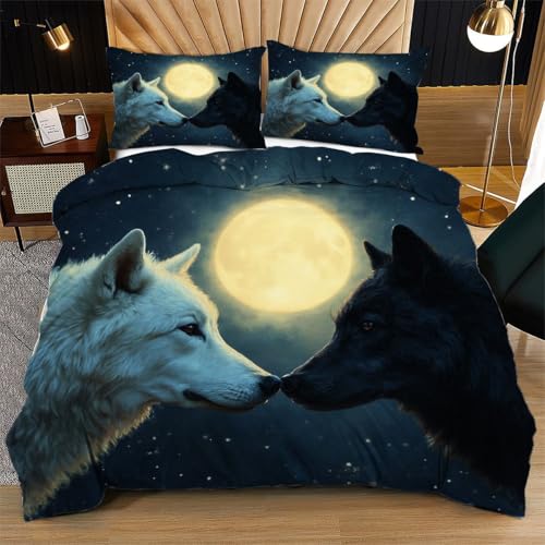 Nuphtun Bettwäsche 135 x 200 cm Zwei Blaue WöLfe, Wendemotiv Bettbezug 135 x 200 mit Reißverschluss, 3D Effekt Bettwäsche-Sets Kinder Einzelbett + 2 Kissenbezug von Nuphtun