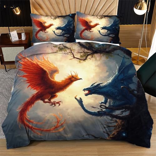 Nuphtun Bettwäsche 140 x 200 cm Kampfdrachen, 3-Teiliges Atmungsaktive Bettdeckenbezüge 140x200 cm, 100% Microfaser Bettbezug + 2 Kopfkissenbezügen mit Reißverschluss von Nuphtun