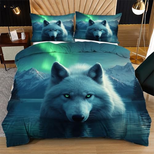 Nuphtun Bettwäsche 155 x 200 cm Aurora-Wolf, Weich Mikrofaser Kinderbettwäsche Set Jungen Mädchen Einzelbett, Bettbezug Set mit Reißverschluss und 2 Kissenbezug 80x80 cm von Nuphtun