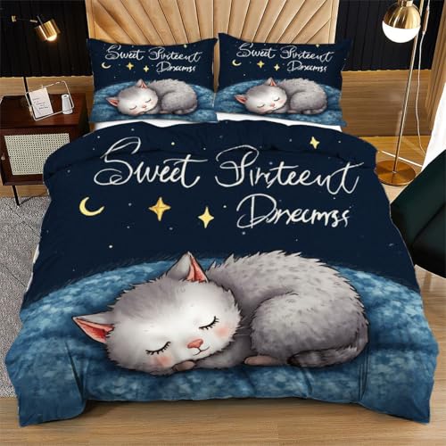 Nuphtun Bettwäsche 155 x 200 cm Blaue Katze Kinder, Weich Mikrofaser Kinderbettwäsche Set Jungen Mädchen Einzelbett, Bettbezug Set mit Reißverschluss und 2 Kissenbezug 80x80 cm von Nuphtun