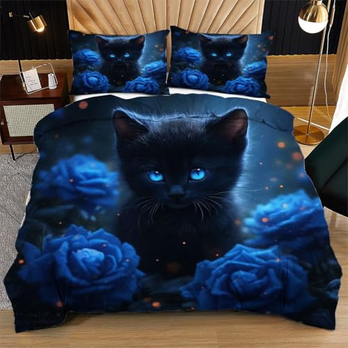 Nuphtun Bettwäsche 155 x 200 cm Blaue Rosenkatze, Weich Mikrofaser Kinderbettwäsche Set Jungen Mädchen Einzelbett, Bettbezug Set mit Reißverschluss und 2 Kissenbezug 80x80 cm von Nuphtun
