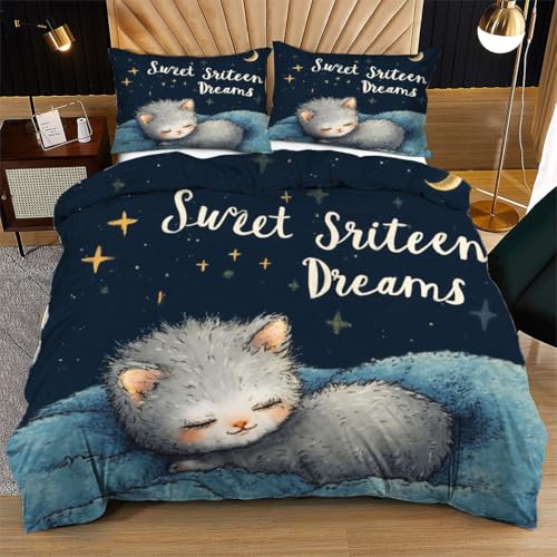 Nuphtun Bettwäsche 155 x 200 cm Blaue Schlafende Katze, Weich Mikrofaser Kinderbettwäsche Set Jungen Mädchen Einzelbett, Bettbezug Set mit Reißverschluss und 2 Kissenbezug 80x80 cm von Nuphtun