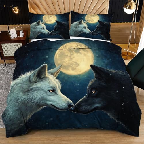 Nuphtun Bettwäsche 155 x 200 cm Blauer Mondlichtwolf, Weich Mikrofaser Kinderbettwäsche Set Jungen Mädchen Einzelbett, Bettbezug Set mit Reißverschluss und 2 Kissenbezug 80x80 cm von Nuphtun