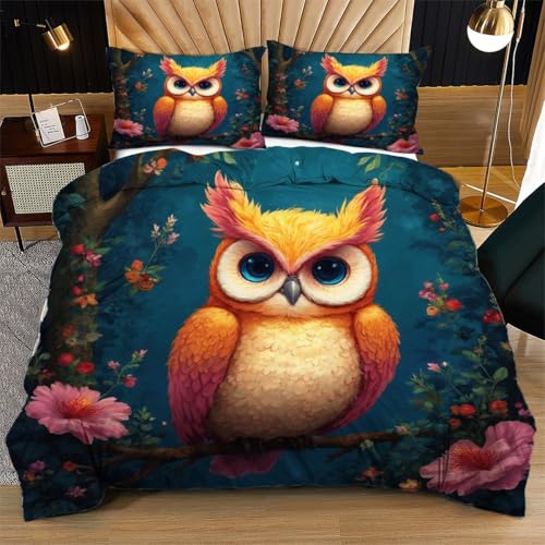 Nuphtun Bettwäsche 155 x 200 cm Bunte Eule Kinder, Weich Mikrofaser Kinderbettwäsche Set Jungen Mädchen Einzelbett, Bettbezug Set mit Reißverschluss und 2 Kissenbezug 80x80 cm von Nuphtun