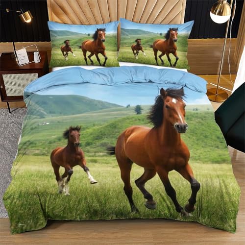Nuphtun Bettwäsche 155 x 200 cm Galoppierendes Pferd, Weich Mikrofaser Kinderbettwäsche Set Jungen Mädchen Einzelbett, Bettbezug Set mit Reißverschluss und 2 Kissenbezug 80x80 cm von Nuphtun