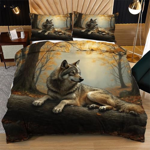 Nuphtun Bettwäsche 155 x 200 cm Gelber Waldwolf, Weich Mikrofaser Kinderbettwäsche Set Jungen Mädchen Einzelbett, Bettbezug Set mit Reißverschluss und 2 Kissenbezug 80x80 cm von Nuphtun