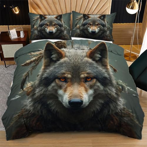 Nuphtun Bettwäsche 155 x 200 cm Grauer Wolf Erwachsene, Weich Mikrofaser Kinderbettwäsche Set Jungen Mädchen Einzelbett, Bettbezug Set mit Reißverschluss und 2 Kissenbezug 80x80 cm von Nuphtun