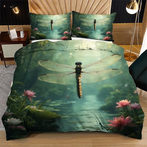 Nuphtun Bettwäsche 155 x 200 cm GrüNe Libelle, Weich Mikrofaser Kinderbettwäsche Set Jungen Mädchen Einzelbett, Bettbezug Set mit Reißverschluss und 2 Kissenbezug 80x80 cm von Nuphtun