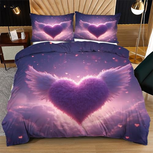 Nuphtun Bettwäsche 155 x 200 cm Lila Herz Kind, Weich Mikrofaser Kinderbettwäsche Set Jungen Mädchen Einzelbett, Bettbezug Set mit Reißverschluss und 2 Kissenbezug 80x80 cm von Nuphtun