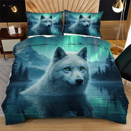 Nuphtun Bettwäsche 155 x 200 cm Nordlichtwolf, Weich Mikrofaser Kinderbettwäsche Set Jungen Mädchen Einzelbett, Bettbezug Set mit Reißverschluss und 2 Kissenbezug 80x80 cm von Nuphtun