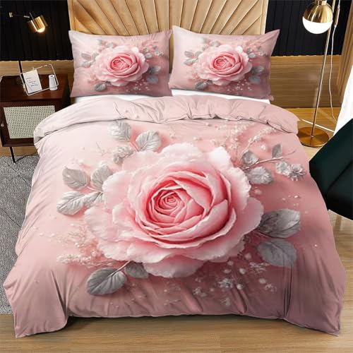 Nuphtun Bettwäsche 155 x 200 cm Rosa Rosen, Weich Mikrofaser Kinderbettwäsche Set Jungen Mädchen Einzelbett, Bettbezug Set mit Reißverschluss und 2 Kissenbezug 80x80 cm von Nuphtun