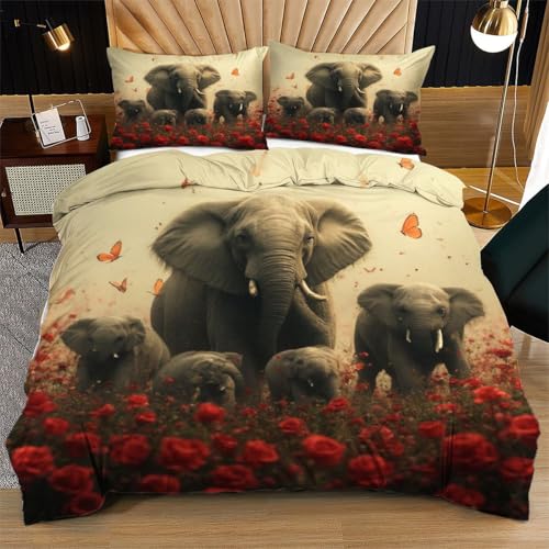 Nuphtun Bettwäsche 155 x 200 cm Rosenelefant, Weich Mikrofaser Kinderbettwäsche Set Jungen Mädchen Einzelbett, Bettbezug Set mit Reißverschluss und 2 Kissenbezug 80x80 cm von Nuphtun