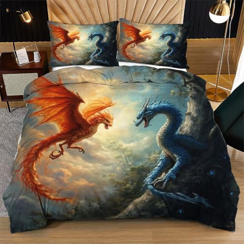 Nuphtun Bettwäsche 155 x 200 cm Roter Drache, Weich Mikrofaser Kinderbettwäsche Set Jungen Mädchen Einzelbett, Bettbezug Set mit Reißverschluss und 2 Kissenbezug 80x80 cm von Nuphtun