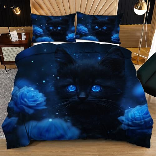 Nuphtun Bettwäsche 155 x 200 cm Schwarze Katze, Weich Mikrofaser Kinderbettwäsche Set Jungen Mädchen Einzelbett, Bettbezug Set mit Reißverschluss und 2 Kissenbezug 80x80 cm von Nuphtun