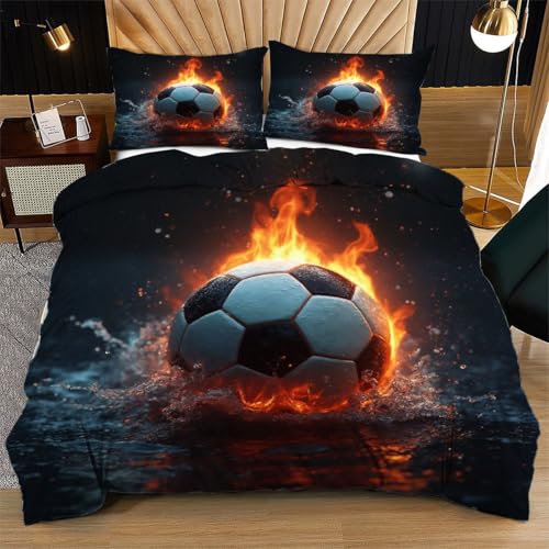 Nuphtun Bettwäsche 155 x 200 cm Schwarzer FußBall, Weich Mikrofaser Kinderbettwäsche Set Jungen Mädchen Einzelbett, Bettbezug Set mit Reißverschluss und 2 Kissenbezug 80x80 cm von Nuphtun