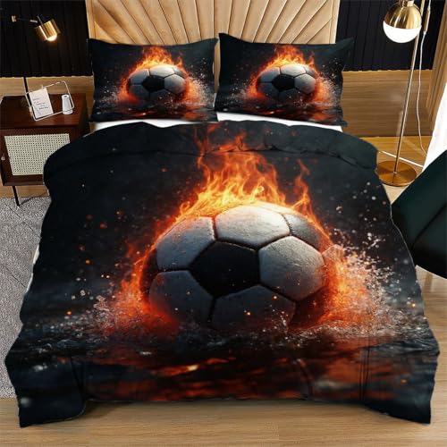 Nuphtun Bettwäsche 155 x 200 cm Schwarzer FußBall, Weich Mikrofaser Kinderbettwäsche Set Jungen Mädchen Einzelbett, Bettbezug Set mit Reißverschluss und 2 Kissenbezug 80x80 cm von Nuphtun