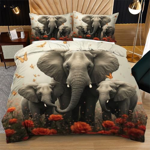 Nuphtun Bettwäsche 155 x 200 cm WeißE Elefantenherde, Weich Mikrofaser Kinderbettwäsche Set Jungen Mädchen Einzelbett, Bettbezug Set mit Reißverschluss und 2 Kissenbezug 80x80 cm von Nuphtun
