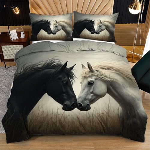 Nuphtun Bettwäsche 155 x 200 cm WeißEs Pferd, Weich Mikrofaser Kinderbettwäsche Set Jungen Mädchen Einzelbett, Bettbezug Set mit Reißverschluss und 2 Kissenbezug 80x80 cm von Nuphtun