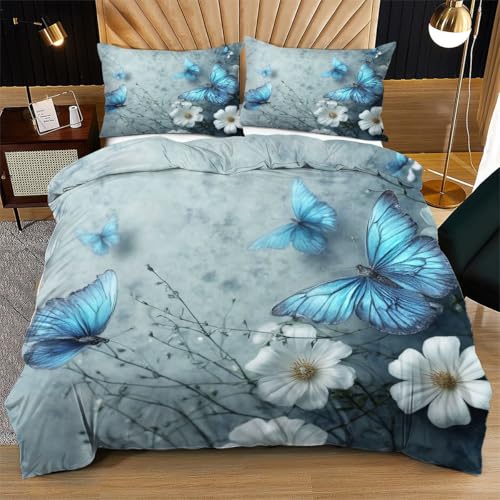 Nuphtun Bettwäsche 220 x 240 cm Blauer Schmetterling, 3D Gedruckter Musterdesign Bettwäsche-Set 220x240 + 2 Kissenbezug, Hochwertige Mikrofaser Bettbezug mit Reißverschluss von Nuphtun