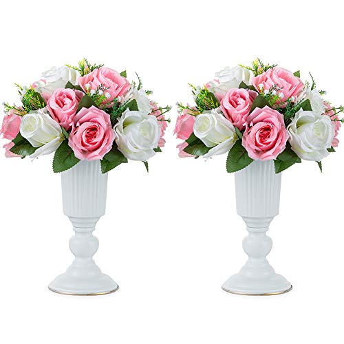 NUPTIO 2 Stück Geblümte Metalltrompetenvase Elegante Hochzeit Mittelstücke Vase für Hochzeitsfeier Dekoration, 23.2cm Hoch Künstliche Blumenarrangements für Jubiläumsfeier, Weiß von NUPTIO