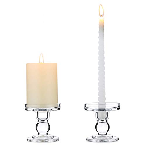 NUPTIO 2 Stück Glas Taper & Pillar Kerzenhalter, 8cm Höhe Kristall Fenster Kerzen Stehen, Kerzenständer Glas für Hochzeit & Esstisch Mittelstücke Wohnzimmer Weihnachten Deko, Stumpenkerzen Halter von NUPTIO