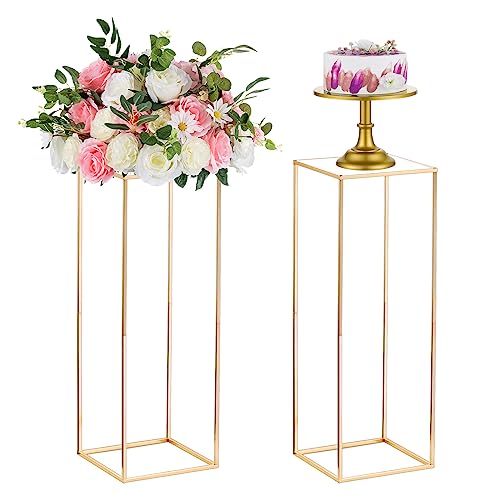 Nuptio 2 Stück Goldvasen für Hochzeit Herzstück Tische, Metall Blumenboden Vase Säule Blumenständer, 80cm Hohe Geometrische Blumenvase, Rechteckige Blumen Display Rack für Zuhause Party Hochzeit von NUPTIO