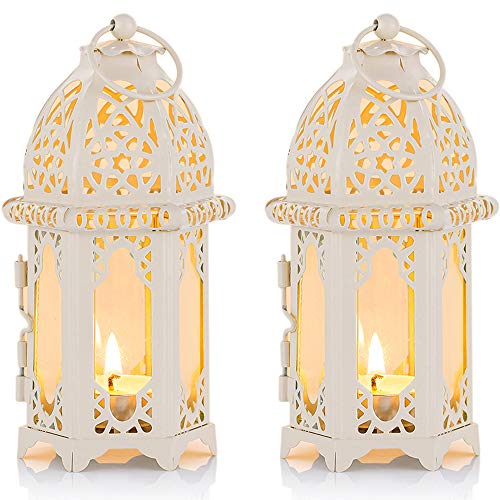 NUPTIO Ramadan Laterne Deko Marokkanischen - Metall Glas Kleine Teelichthalter Kerze Laterne 2 Stück Tischdeko Ramadan Dekoration Ideal für Terrasse Drinnen Draußen Partys Weiß Marokkanische Lampe von NUPTIO