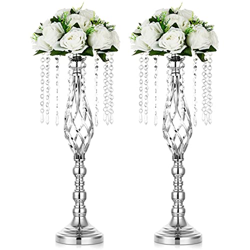 NUPTIO 2 Stück Silber Hochzeit Mittelstücke Blumenständer, 55cm Höhe Hochzeit Straße Blei Blumenvasen, Kristall Künstliche Blumenarrangements für Hochzeitsfeier Geburtstag Empfang Wohnkultur von NUPTIO