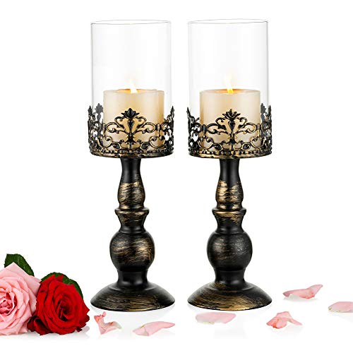 NUPTIO 2 Stück Vintage Kerzenhalter für Tische Kerzenhalter aus Schwarzer Säule mit Glasschirmabdeckung, Antike Hurrikan-Kerzenhalter-Anzeige für Die Hochzeitsdekoration Bei Kerzenlicht Zu Hause von NUPTIO