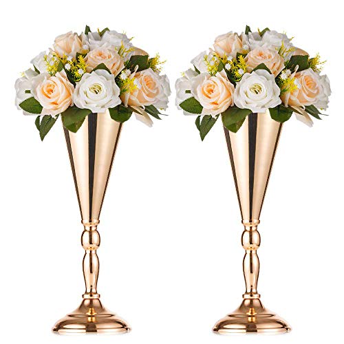 NUPTIO 2 Stücke Gold Hochzeit Blume Trompete Vase Tabelle Dekorative Mittelstück Künstliche Blumenarrangements für Jubiläum Zeremonie Party Geburtstag Weihnachten Dekoration, Vasen für Tischdeko von NUPTIO