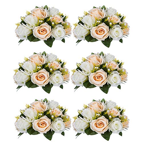 NUPTIO 6 Stück Künstliche Blumenstrauß, 15 Köpfe Kunststoff Rosen mit Sockel, Geeignet für Unser Geschäft Hochzeit Herzstück Blumenregal für Parteien Valentinstag Dekoration(Champagner & Weiß) von NUPTIO