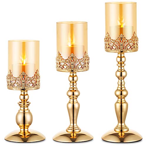 NUPTIO Säulenkerzenhalter mit Glas, 3er Set Hurricane-Kerzenhalter aus Gold Moderne Wohnkultur Geschenke, Kerzenlichthalter für Einweihungspartys Zum Hochzeitstag von NUPTIO
