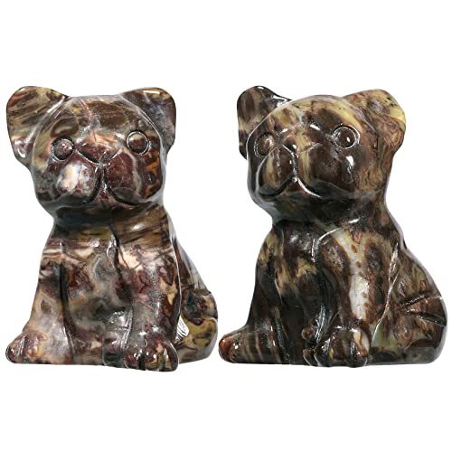 Nupuyai 2 Stück Hund Figuren Kristall Deko Edelstein Französische Bulldogge Figur Klein Heilstein Welpen Tier Figuren Set für Glücksbringer Taschensteine Feng Shui Deko, Verrückter Spitzenachat von Nupuyai