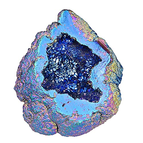 Nupuyai Angel Aura Quarz Geode Stein, titanbeschichtet, natürlicher Bergkristall, Cluster für Reiki-Heilung, Heimdekoration, 100–200 g, blau von Nupuyai