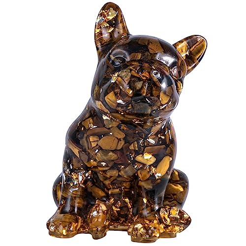 Nupuyai Französische Bulldogge Figur Harz Kristall Hund Figur Deko Heilstein Welpe Statue Edelstein Tier Skulptur für Glücksbringer Heimbüro Dekoration, Tigerauge von Nupuyai