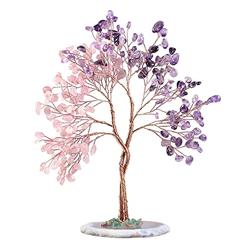 Nupuyai Kristallbaum Feng Shui Edelstein Baum, Glücksbaum, Geldbaum Geschenk, Hochzeit, Deko Wohnzimmer Schlafzimmer (Amethyst & Rosenquarz, Achat Scheibe Basis) von Nupuyai