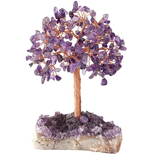 Nupuyai Natürlicher Amethyst Edelstein Baum Rohsteine Deko Feng Shui Geldbaum Figuren für Schreibtisch und Altar, Kristall Baum mit Amethyst Druse Cluster Kristallbasis von Nupuyai