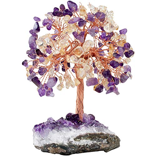 Nupuyai Natürlicher Edelstein Baum Rohsteine Deko Feng Shui Geldbaum Figuren für Schreibtisch und Altar, Kristall Baum mit Amethyst Druse Cluster Kristallbasis von Nupuyai