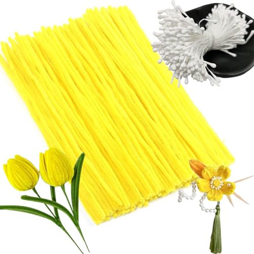 Nurila Pfeifenputzer zum Basteln, Pfeifenreiniger Gelb 100 Stück Weiße Staubblätter 400 Stück, Pfeifenreiniger zum Basteln für Kinder Kreative DIY-Projekte, Pipe Cleaner Flower Set von Nurila
