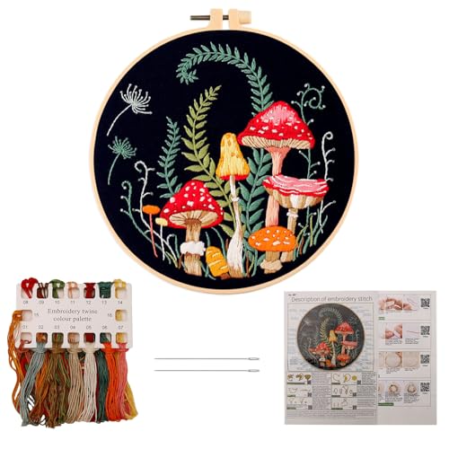 Nurila Sticken Set Erwachsene, Stickset für Anfänger, Stickbilder Erwachsene, Embroidery Kit mit Stickrahmen, Stickbilder für DIY Kunst, Handwerk Pilzmuster DIY Set Erwachsene von Nurila