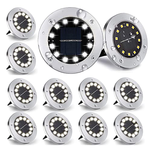 Nurkoo [12 Stücke] Solar Bodenleuchte Aussen, 12 LEDs Solarleuchten 800mAh Disk Lights Mit Upgrade Solarpanel Gartenleuchte Solarlampe Solar Strahler Deko für Rasen,Gehweg,Pool,Terrassen(KaltWeiß) von Nurkoo