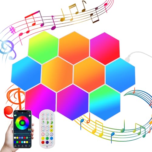 Nurkoo LED Hexagon Gaming Wall Light 10 Stücke Hexagon RGB Panel - Hexagon Honeycomb Wall Light Music Sync Decoration Hexa Wall Lighting Smart Hexagonal Gamer Room Decoration Modular Lamp von Nurkoo